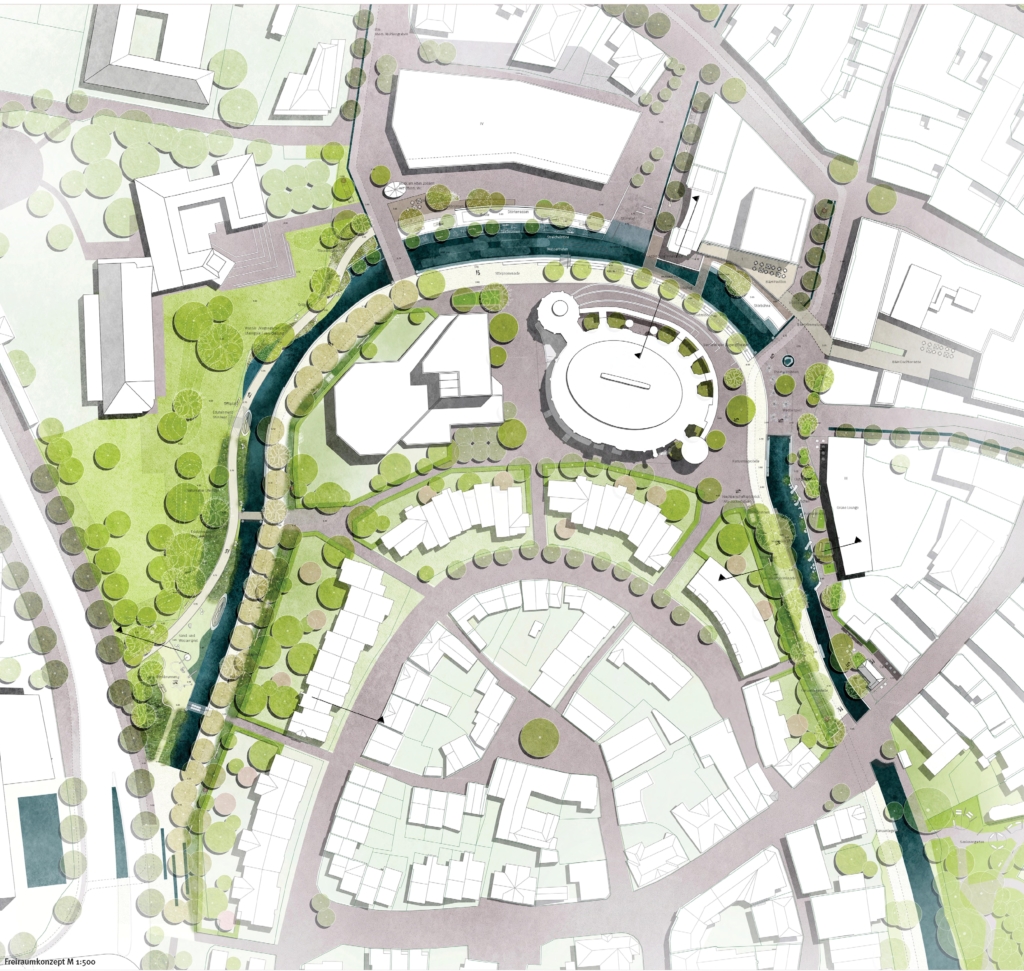 Planentwurf der Neuen Störschleife: Wasserlauf um das theater itzehoe mit Grünflächen im Westen